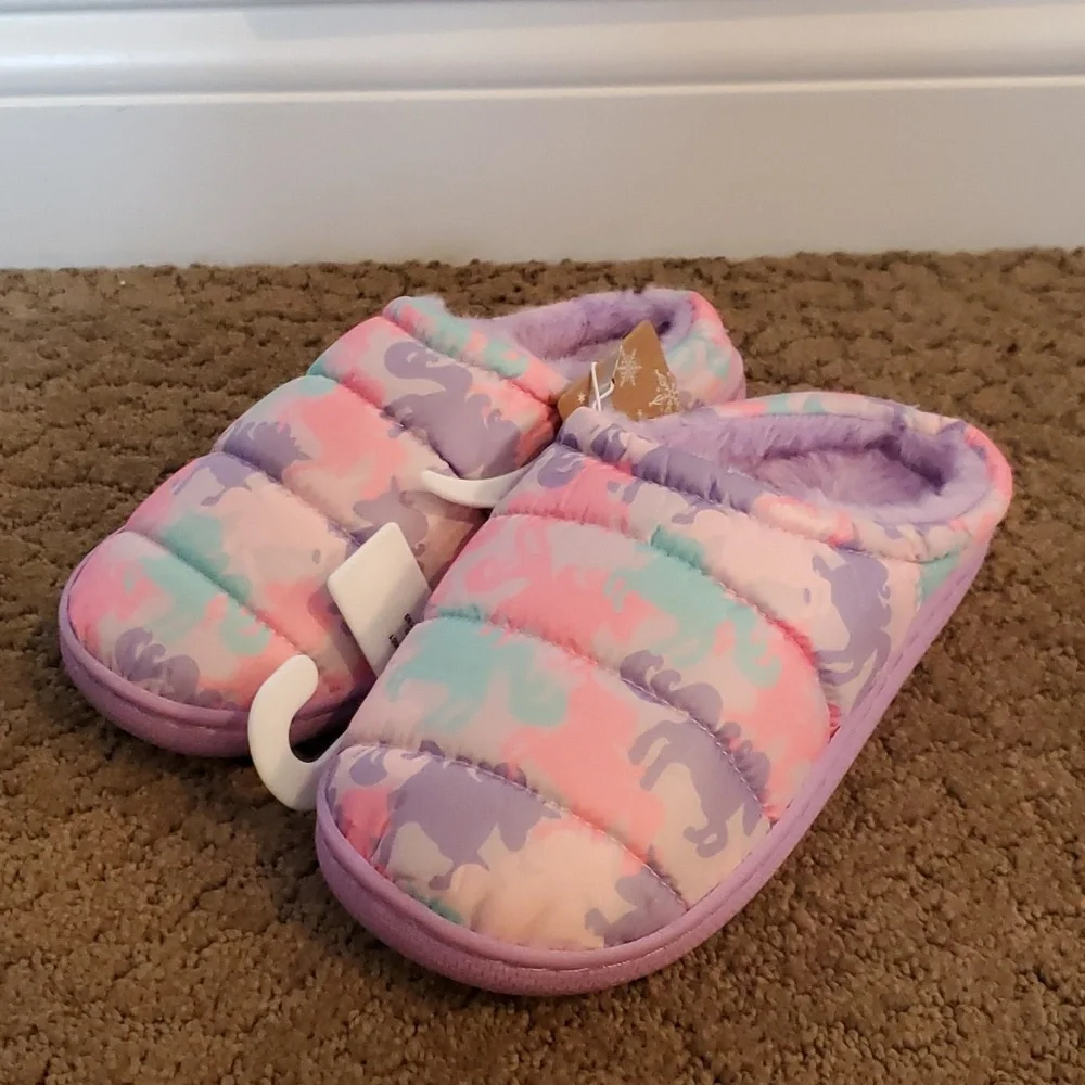 Girls Capelli New York Unicorn Scuff Slippers Size L 1/2 XL 3/4 fleece lining NW